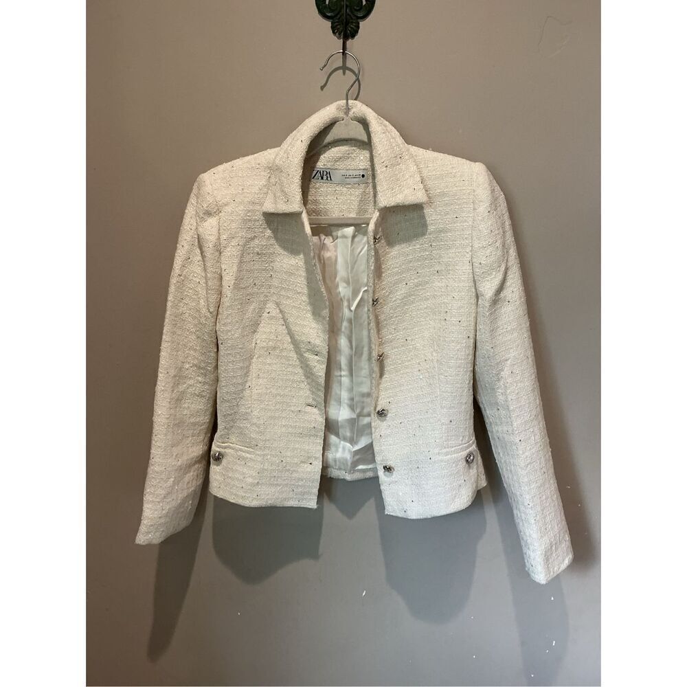 Zara Women's Cream Textured Cotton Fitted Jacket w/Silver Sequin Appliqués - Picture 2 of 7